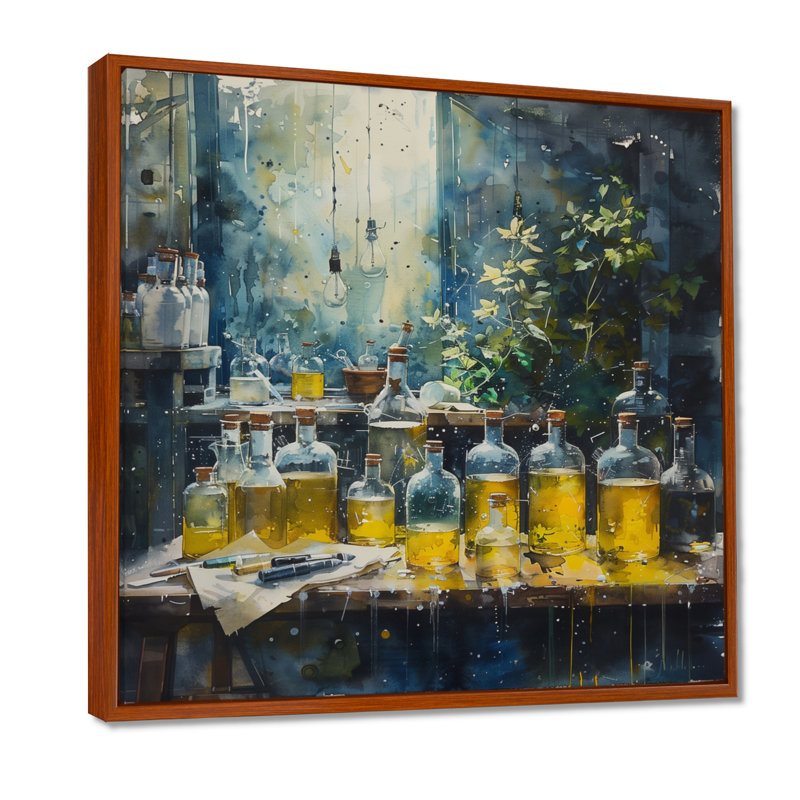 Art mural bleu et jaune, laboratoire de recherche chimique II - Laboratoires, Cadre flottant brun, H 16 po x l 16 po