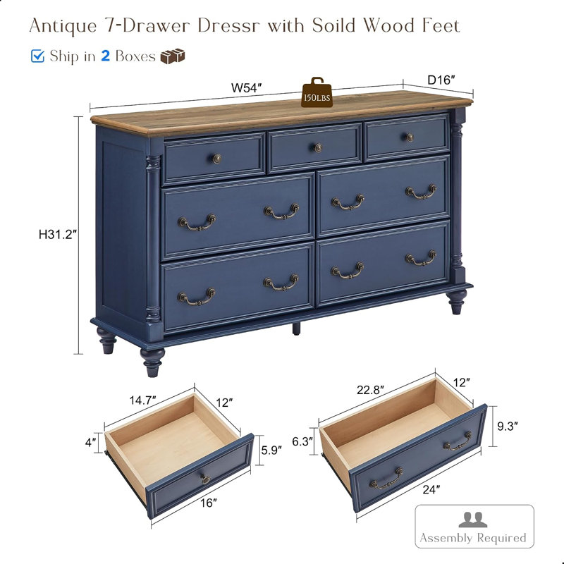 Commode à 7 tiroirs Farmhouse, commode rustique en bois avec 2 tiroirs pour chambre à coucher, salon