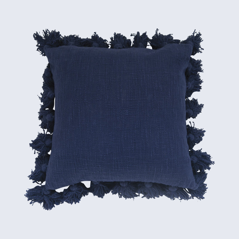 Woven Cotton Slub Pillow with Tassels, Navy Blue
