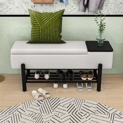 Farmhouse Upholstered Storage Bench with Hidden Storage and Lower Shelf for Entryways