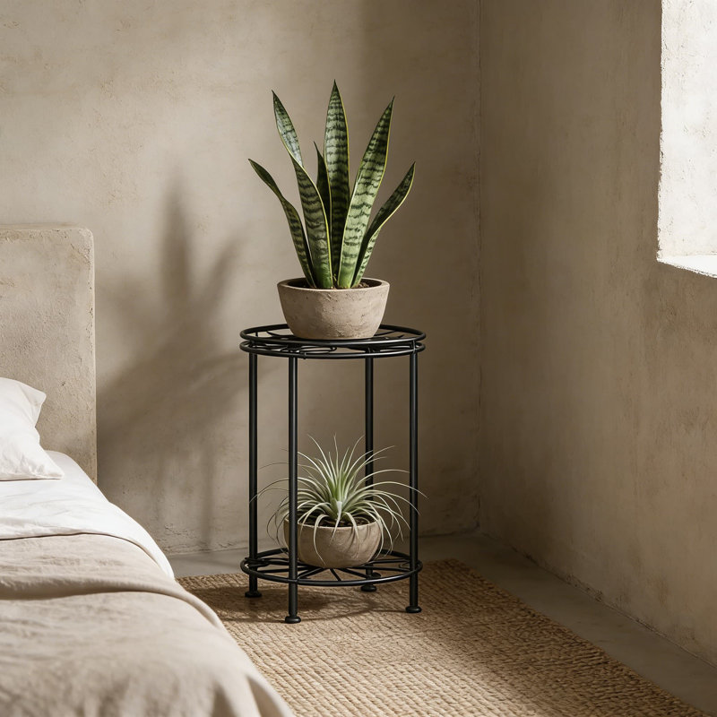 Support pour plante en métal à 2 niveaux pour une utilisation intérieure et extérieure, conception compacte et peu encombrante avec pieds réglables pour la stabilité, structure noire robuste pour les petites et moyennes plantes