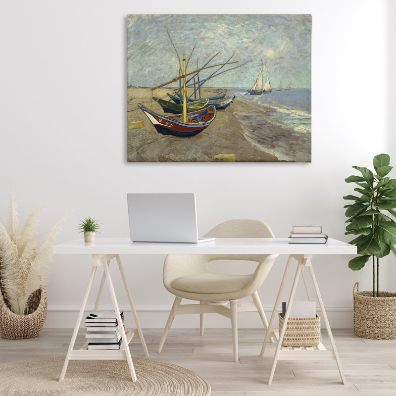 Art classique, bateaux de pêche classiques sur la plage par one1000paintings, H 36 po x l 48 po