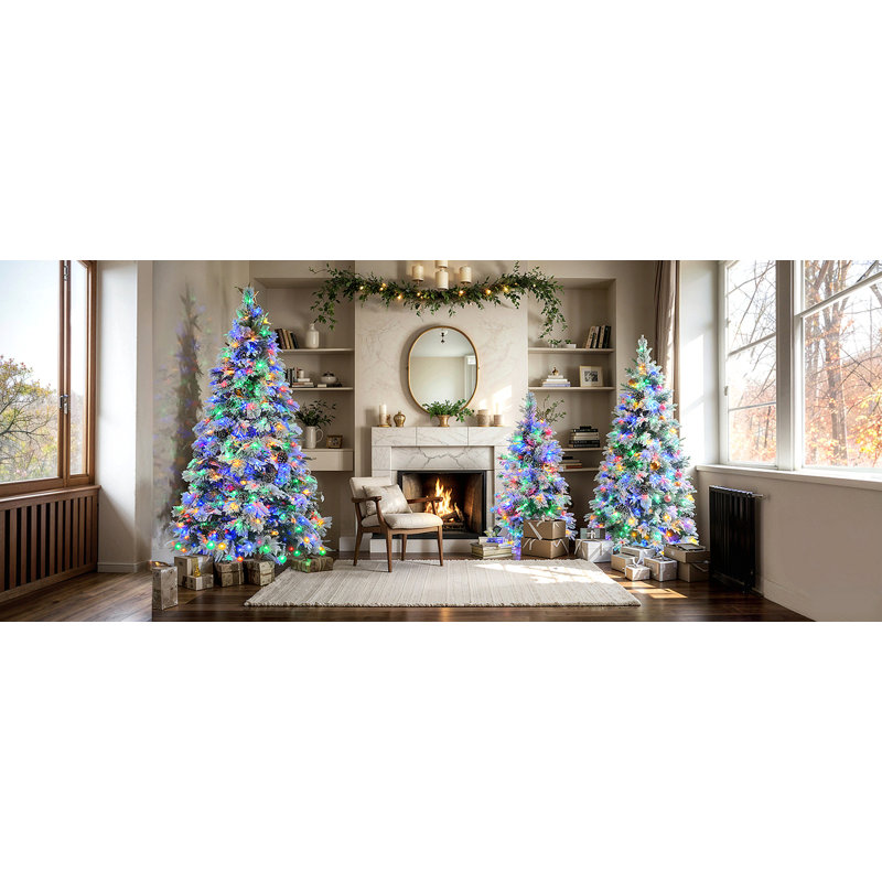 Arbre de Noël enneigé épinette 4 pi avec pommes de pin, arbre de Noël artificiel avec 170 pointes de branches, branches mixtes en PE et PVC, 120 lumières DEL multicolores, 11 modes de clignotement, décorations des Fêtes