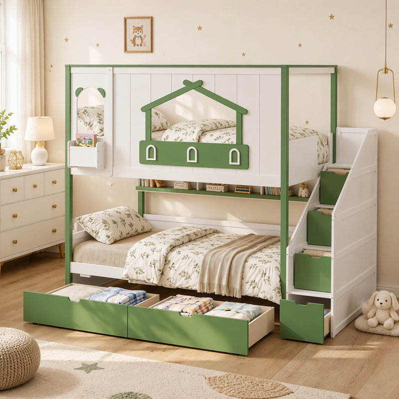 Lit superposé en bois avec escalier de rangement, style chalet de jeu, 6 tiroirs, tablette supérieure et compartiments de rangement, sommier non nécessaire