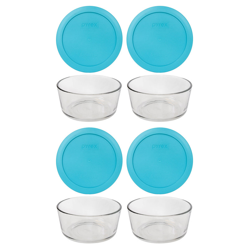 Pyrex (4) bols en verre de 4 tasses et (4) couvercles de 4 tasses, Bleu surf