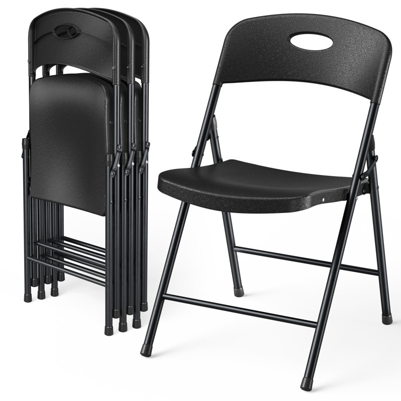 Paquet de 6 chaises pliantes noires de 350 lb, chaises en plastique robustes avec structure en acier pour les fêtes et les mariages