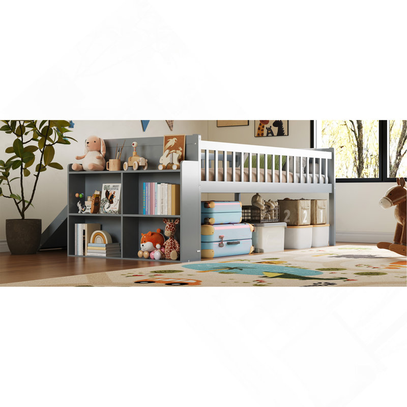 Structure de lit simple Lit simple avec tablette de rangement, avec glissière et échelle, lit plateforme avec garde-corps, aucun sommier requis, assemblage facile, gris