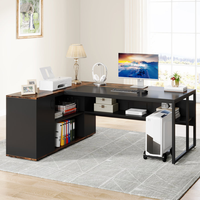 L- Shape Executive Desk, Rustic Brown/Black