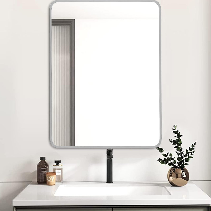 Miroir mural argenté de 24 po x 32 po pour salle de bain - Verre trempé, rouille, cadre facile à installer, alliage rouille 4 mm, film incassable