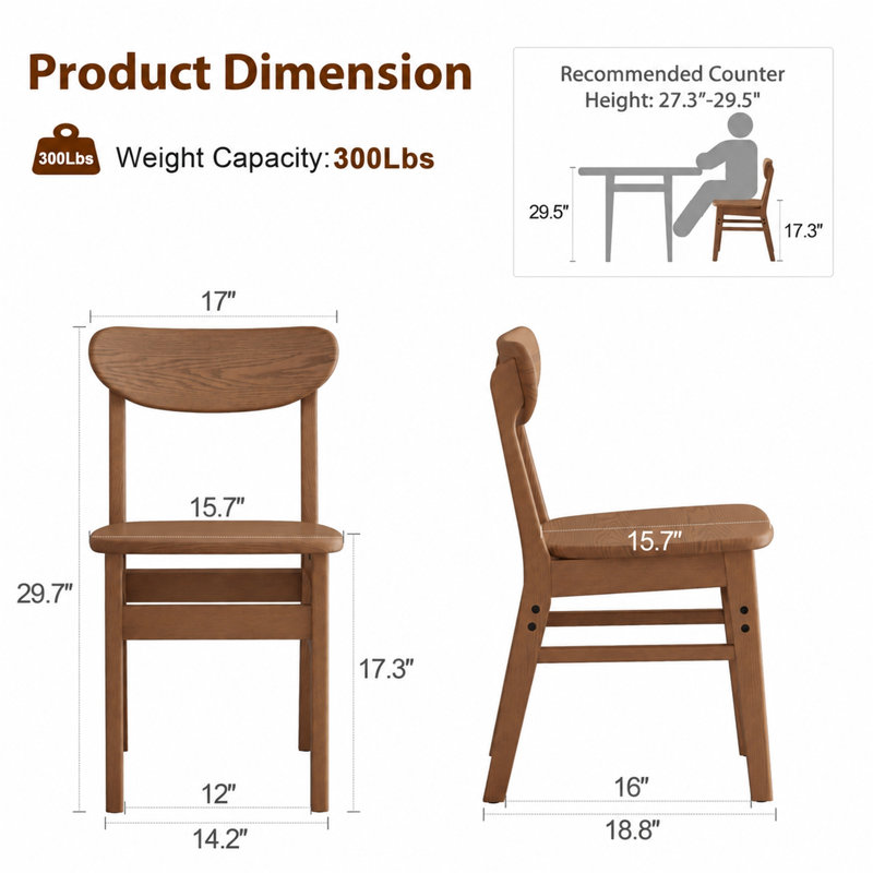  Daniel Minimalist Solid Wood Side Dining Chairs with Curved Back, Set of 4, Brown, Set of 4