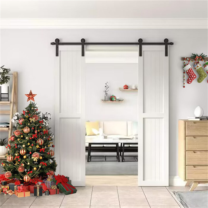 Matte Black Double Barn Door Hardware Track Kit with I-Strap Rollers