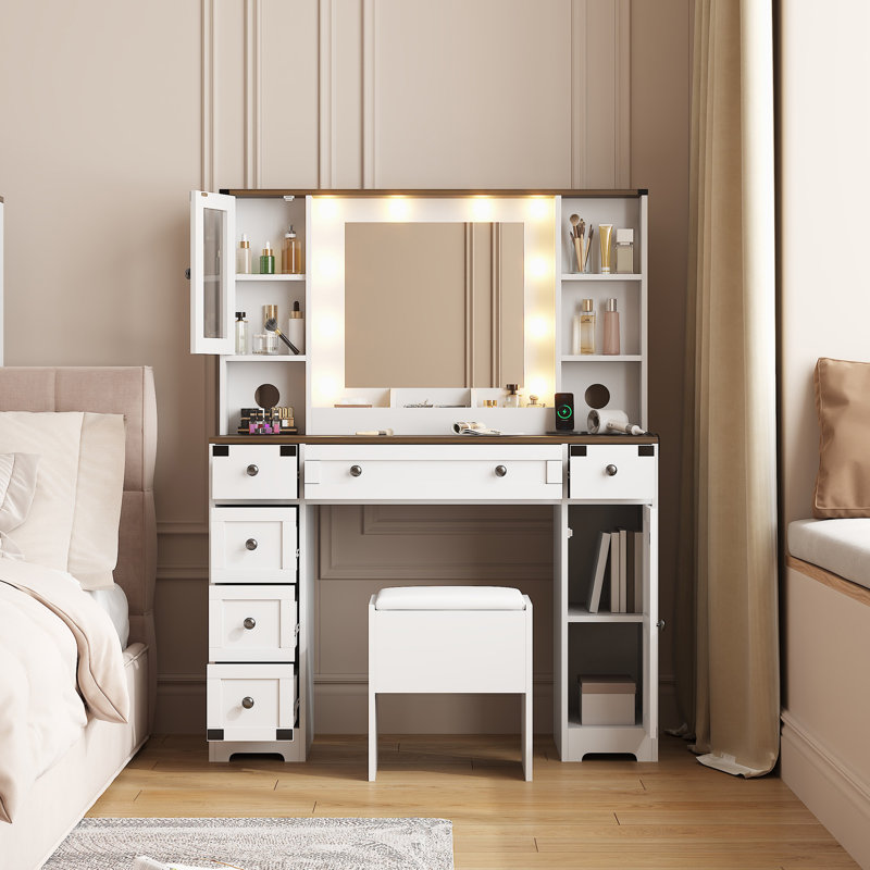 Coiffeuse et tabouret de maquillage, coiffeuse avec lumières, coiffeuse blanche avec station de charge, 6 tiroirs et armoires
