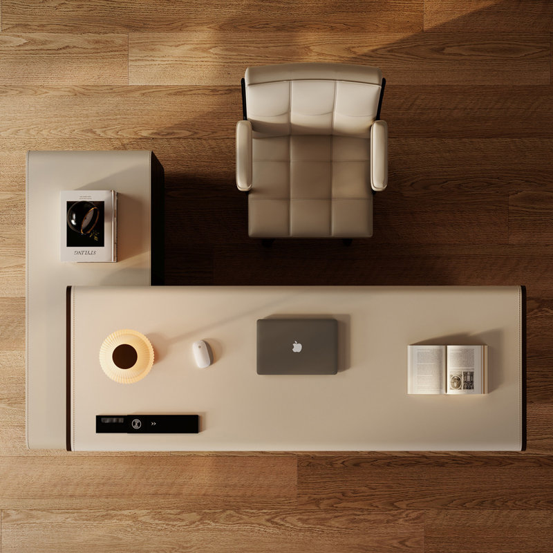 Bureau de direction en L crème avec dessus en similicuir et armoire de rangement gauche, H 29,53 po x l 70,87 po x P 23,62 po