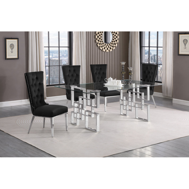 Chaplin Glass Top Double Pedestal Dining Set, Black/Silver, 5