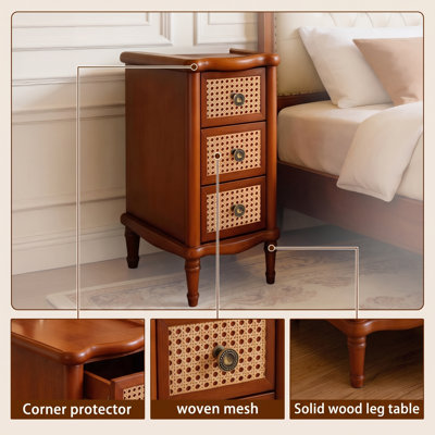 24" Boho 3-Drawer Rattan Narrow Nightstand, Walnut