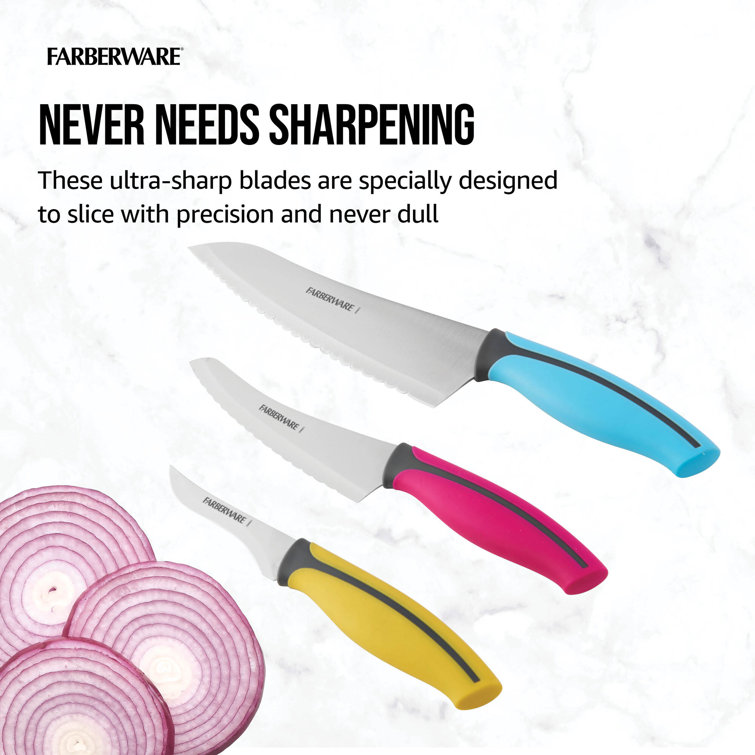 Farberware Precise Slice 3-piece Soft Grip Chef Knife Set, 8-inch Serrated  Chef, 5.5-inch Serrated Utility, and 3.5-inch Trimming Parer, Assorted