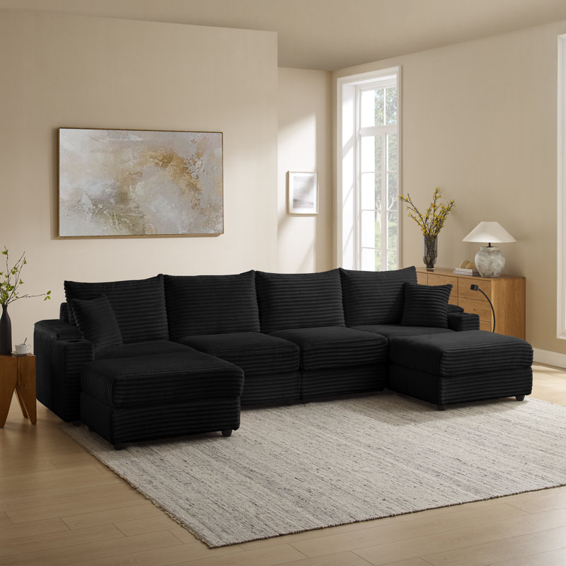 6-Seater U-Shaped Corduroy Sofa Set - with USB Charging Ports, Phone Holders, and Multi-Functional Storage Armrests