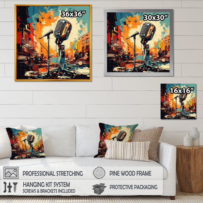Popart Microphone Harmony I - fruits, art mural, Cadre doré simple, H 30 po x l 30 po x P 1,5 po
