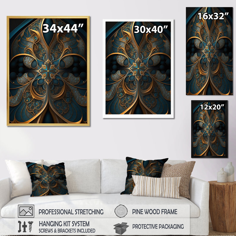 Fractal Universe in Retro Gold and Teal I - Fractals, art mural encadré, H 20 po x l 12 po x P 1 po, Cadre flottant noir