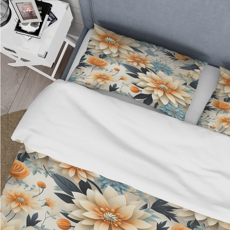Ensemble de housse de couette floral bleu et beige, Housse de couette pour très grand lit et 2 très