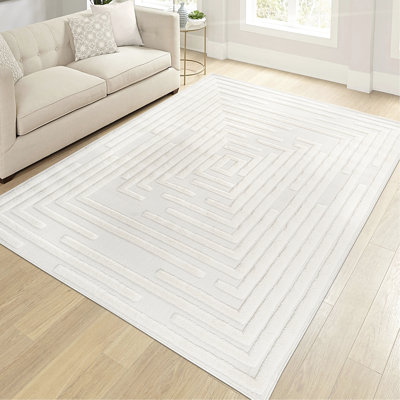 Tapis crème moderne et moderne 7 pi 9 po x 10 pi avec rayures géométriques pour la chambre à coucher et le salon