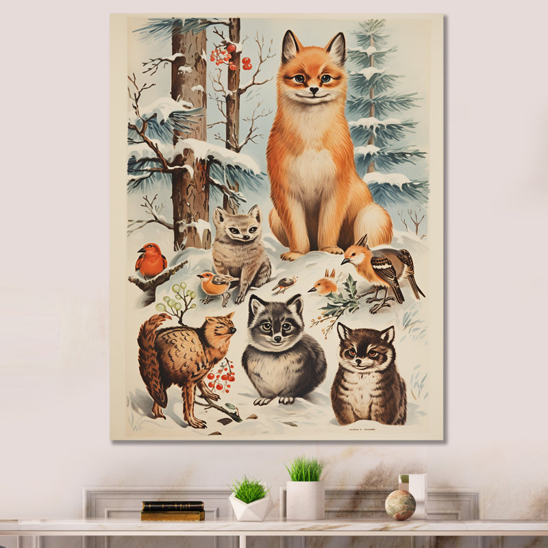 Hiver, renard avec des amis - Art mural animal, Cadre photo noir, H 40 po x l 30 po