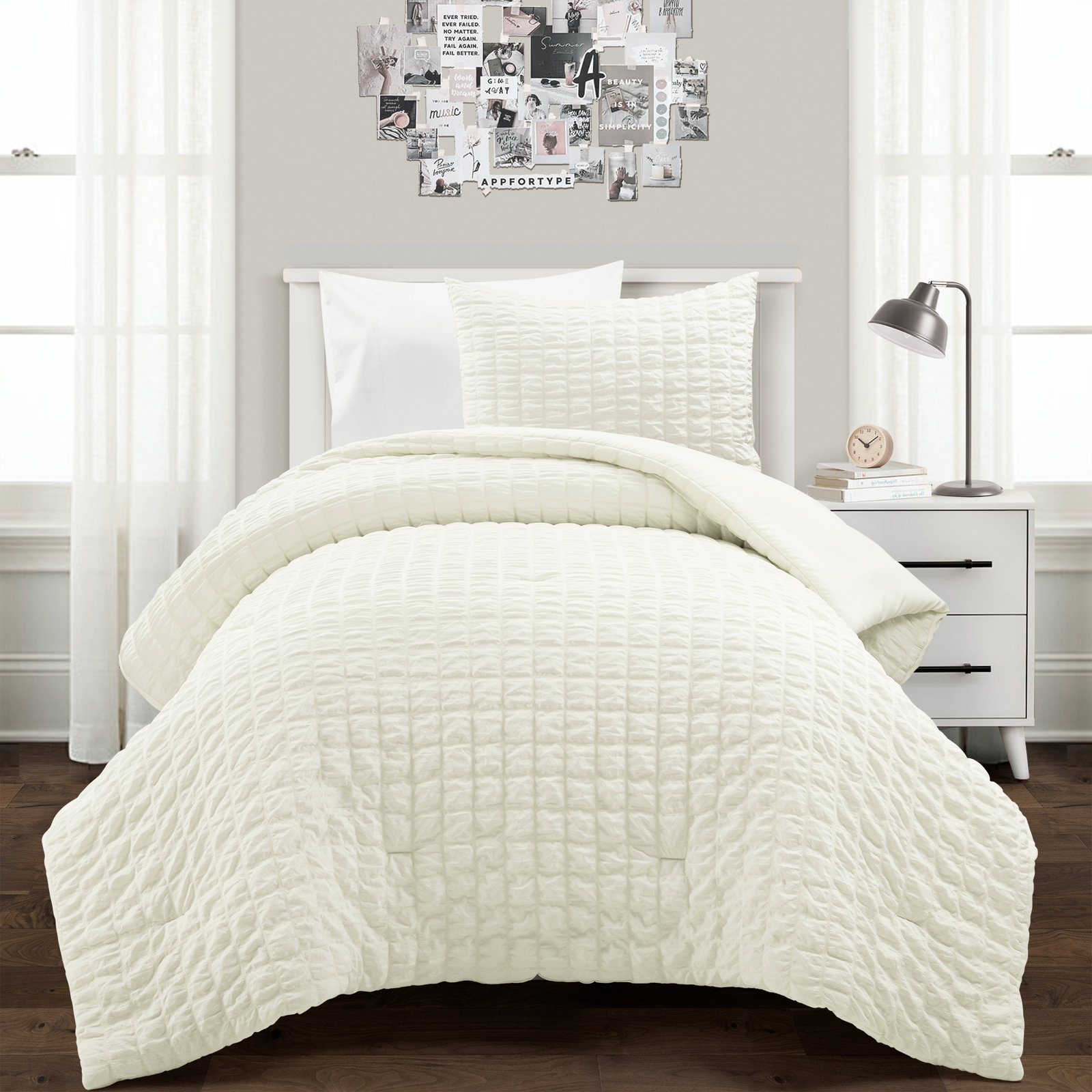 Crinkle 3 Piece All Season Crinkle Textured Dobby Comforter Set, Ivory, Twin Extra Long
