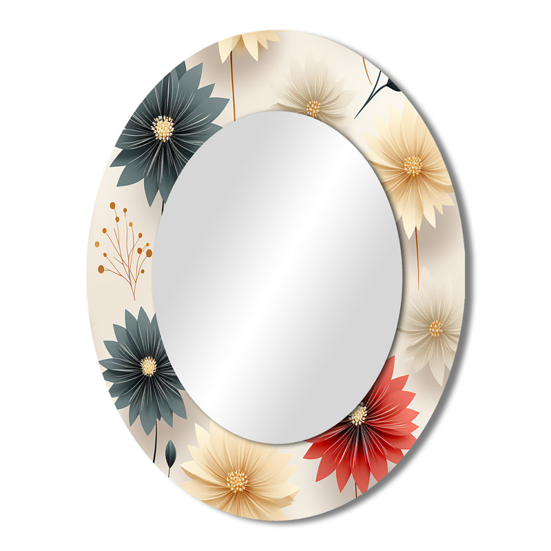 Motif d'œillets de fleurs de mandalas - grand miroir mural ovale sur métal, H 43 po x l 33 po