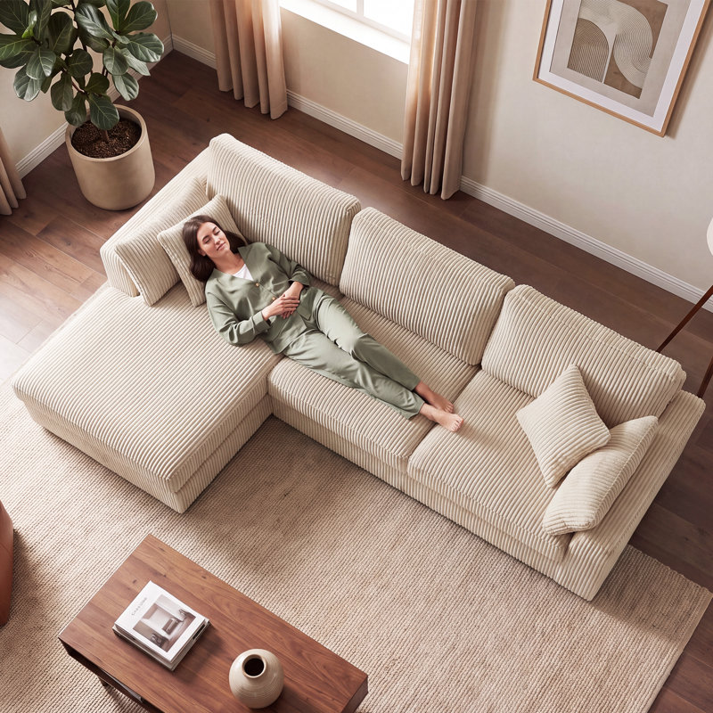 109" Upholstered Sectional Modern L-Shaped Sofa, Velours côtelé kaki
