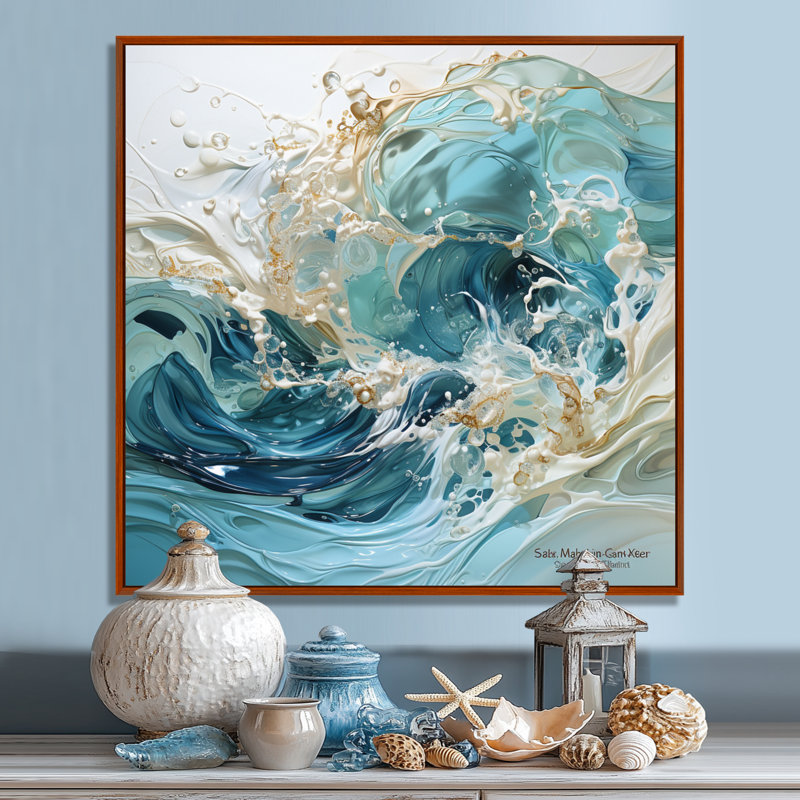 «Ocean Charm», art de vague liquide, H 16 po x l 16 po x P 1 po, Cadre flottant brun