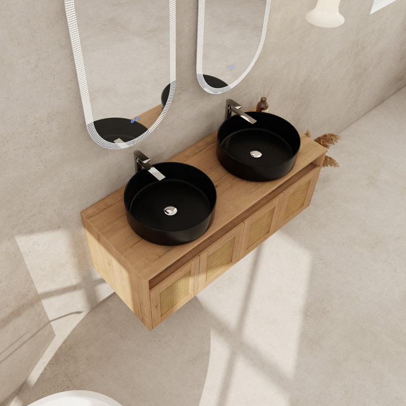 Meuble-lavabo mural 48 po en chêne imitation avec deux lavabos en céramique, portes en rotin et rangement à fermeture en douceur, design flottant moderne