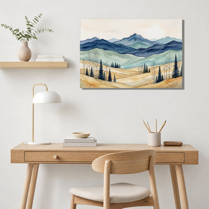 Paysage de montagne à l'aquarelle avec des pins, tableau sur toile, 12"H x 18"W