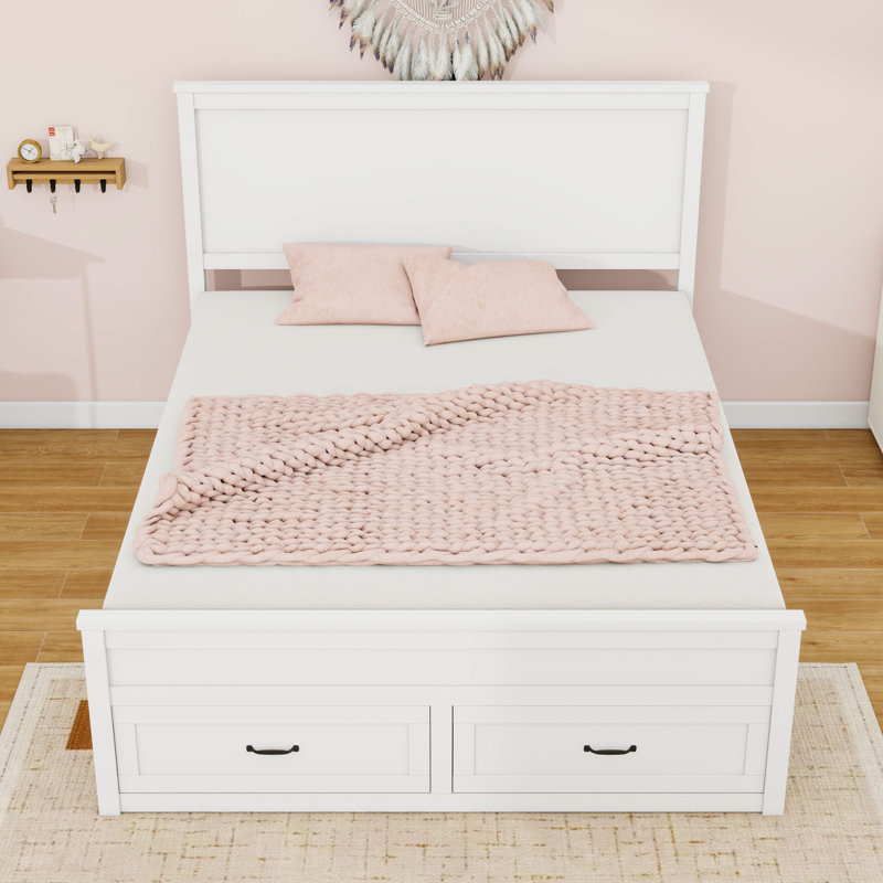 Queen Wooden Platform Bed with Storage Drawers, Headboard and Slats, White