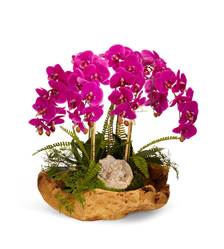 Fuchsia Orchid Centerpiece in Rustic Wooden Planter