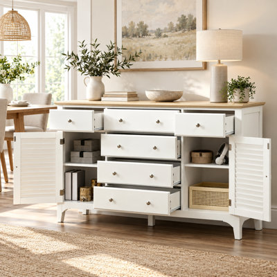 Elegant White Sideboard Cabinet with Drawers and Rubber Wood Top, 55.57 in Wide Console Table for Dining Room