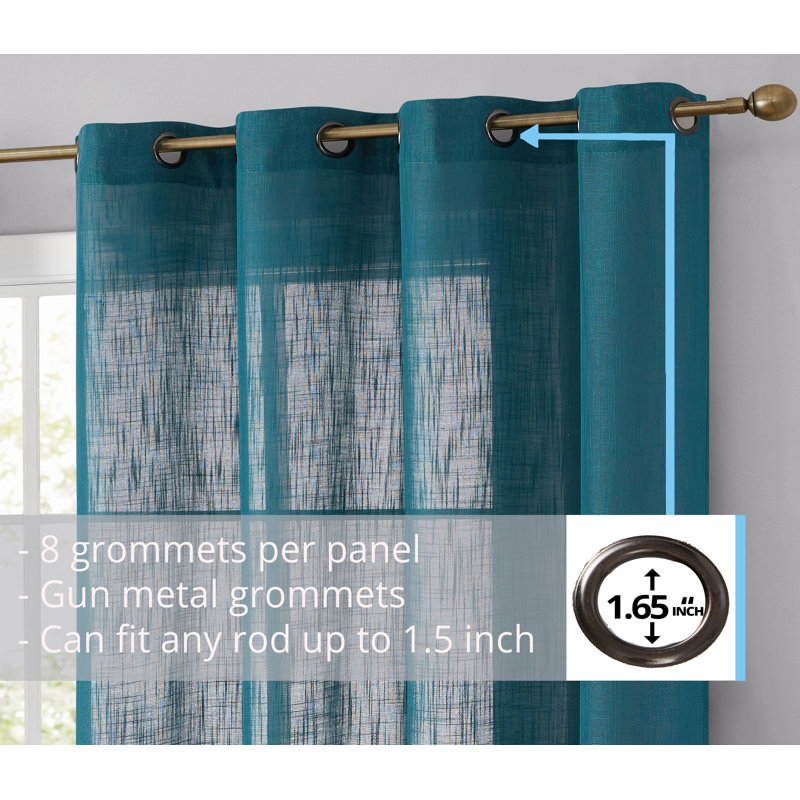Grey Teal Faux Linen Semi-Sheer Grommet Curtain Panels, 84" Length