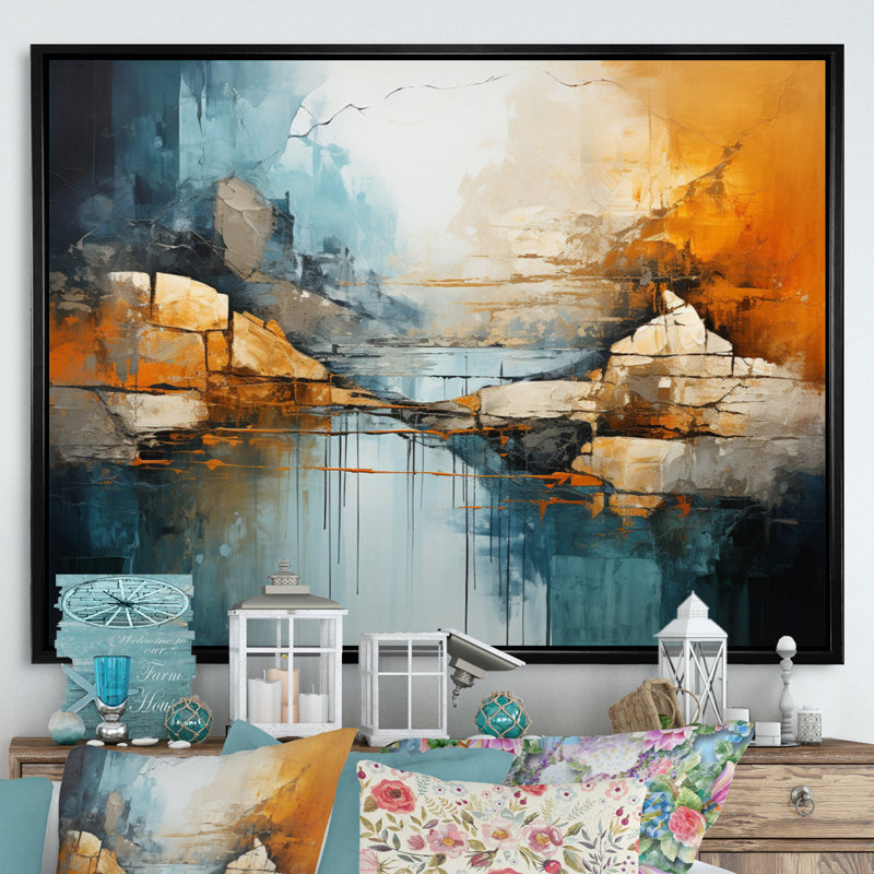 «River Flowing Waters Collage I», reproduction d'art sur toile moderne, H 34 po x l 44 po x P 1,5 po, Cadre flottant noir