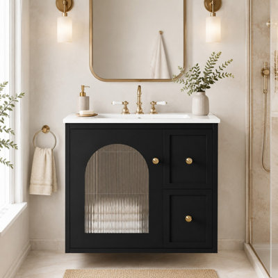 Ensemble de meuble-lavabo mural 24 po avec lavabo en céramique, 2 tiroirs et porte cannelée en verre