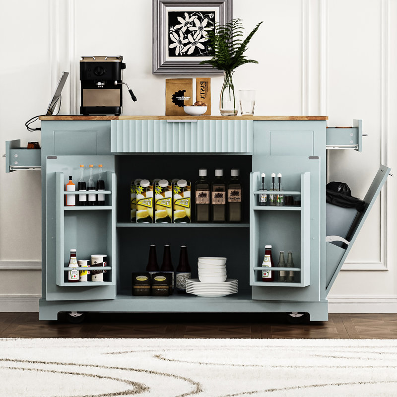 Chariot pour îlot de cuisine spacieux avec roues dissimulées et tablettes de rangement, Grey Blue