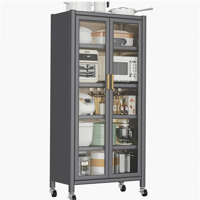 Ouverture de la tablette de cuisine, armoire de rangement multi-couches pour micro-ondes, armoire latérale, armoire de rangement, gris