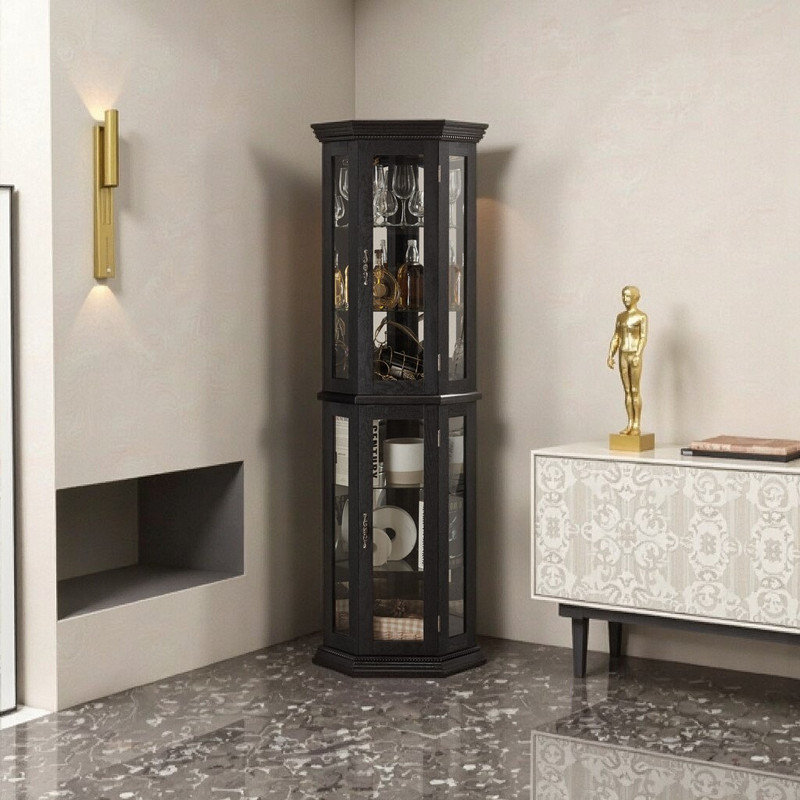 Glass Display Cabinet with Tempered Glass Doors, Adjustable Shelves & LED Lighting for Home Bar or Collectibles, Black