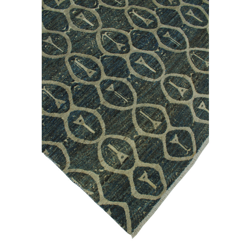Tapis vert / gris en laine fabriqué à la main de conception unique 8 pi x 9 pi 5 po Retia