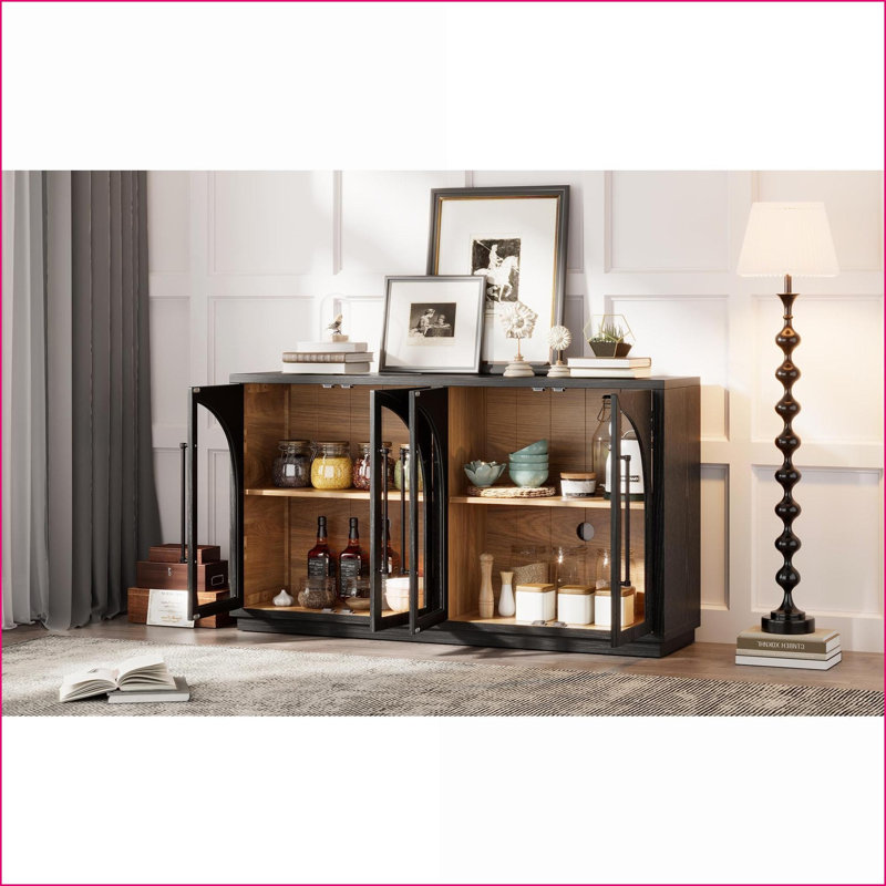 Buffet Buffet, rangement à 4 portes en verre avec tablettes réglables (noir) | Base en bois d'hévéa | Panneau de fibres à densité moyenne + placage de chêne