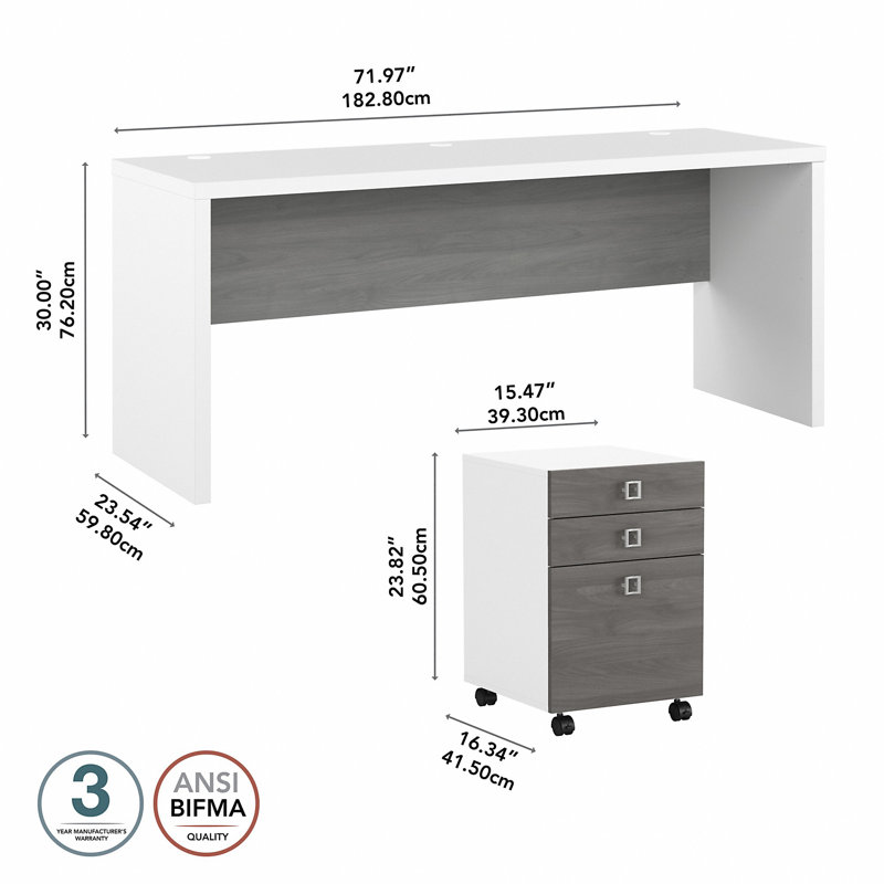 Crédence 72W avec caisson mobile à 3 tiroirs Office Collection 500, Blanc / gris