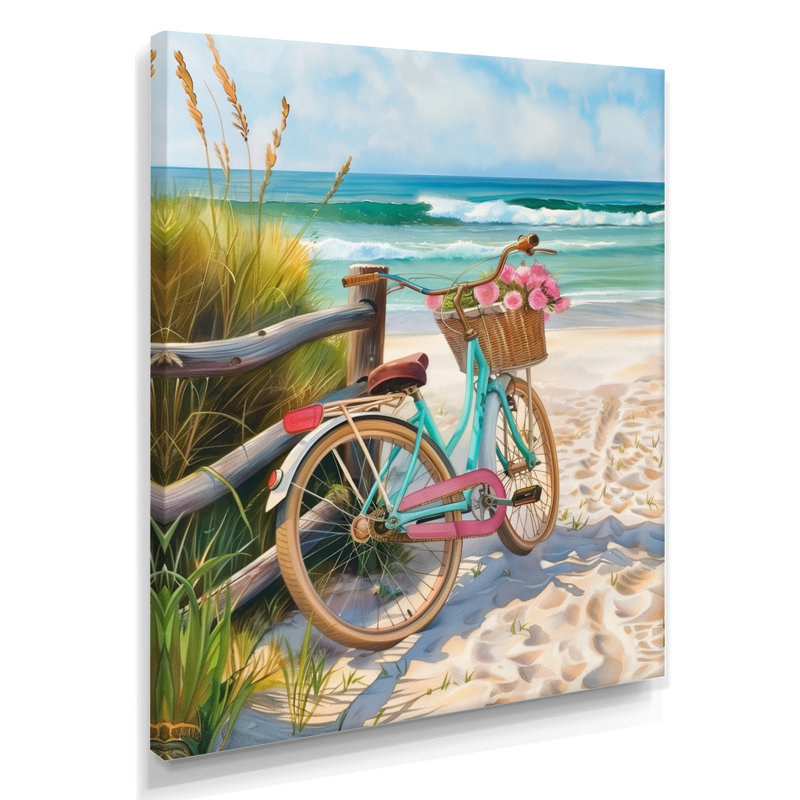 Vélo bleu sur le sentier de la plage côtière - art mural côtier, Toile tendue, H 40 po x l 30 po x P 1,5 po
