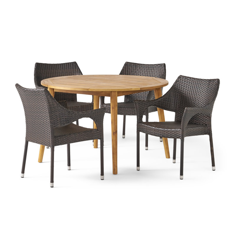 Elifsu 4 - Person Wicker Patio Dining Set with Round Table, Teak/Brown