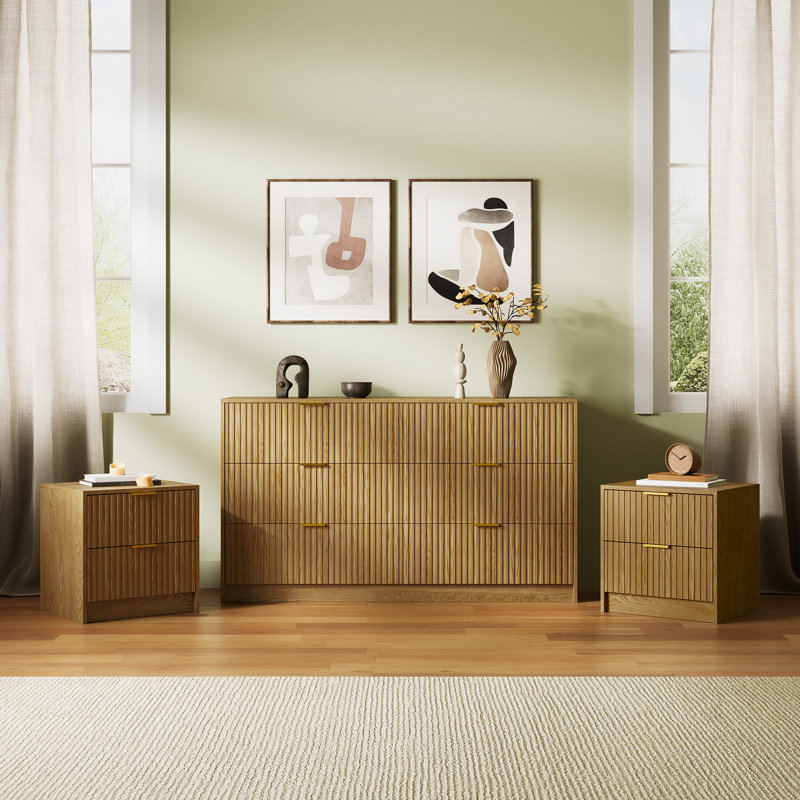 Ensemble de chambre à coucher 3 pièces - commode 6 tiroirs et table de chevet 2 tiroirs, Dark Brown