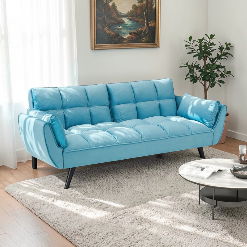 Edriel 74" Convertible Velvet Futon Sofa Bed With Adjustable Backrest, Blue