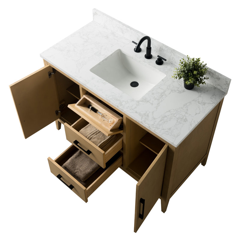 48'' Single Bathroom Vanity with Engineered Marble Top, Natural Oak, Matte Black