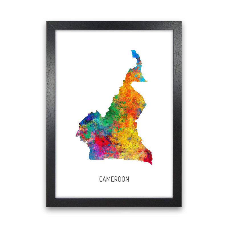 Cameroon Watercolour Map by Michael Tompsett - Print, Black Framed, 63cm H x 46cm W x 3cm D